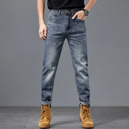 Men's Jeans Washing High-end Men's Jeans Small Straight Stretch Slim Retro Blue Casual Straight