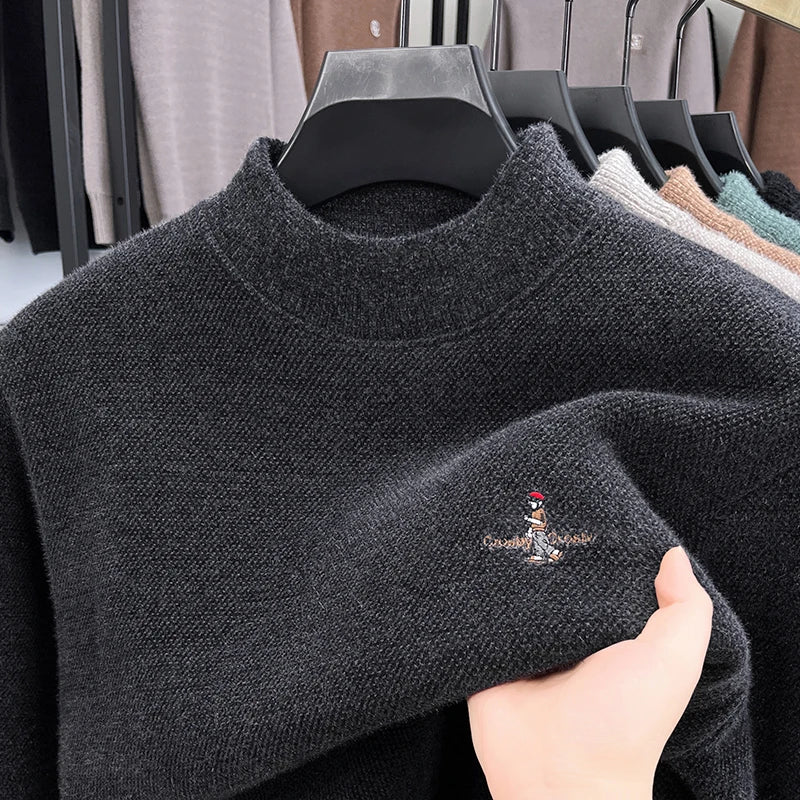 High end brand velvet warm sweater men's round neck top winter Korean luxury cartoon embroidery comfortable knitted pullover