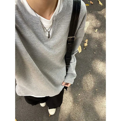 Winter Style Faux Two-Piece V-Neck Sweatshirt for Men, Trendy Long Sleeves, Suitable for Spring and Autumn