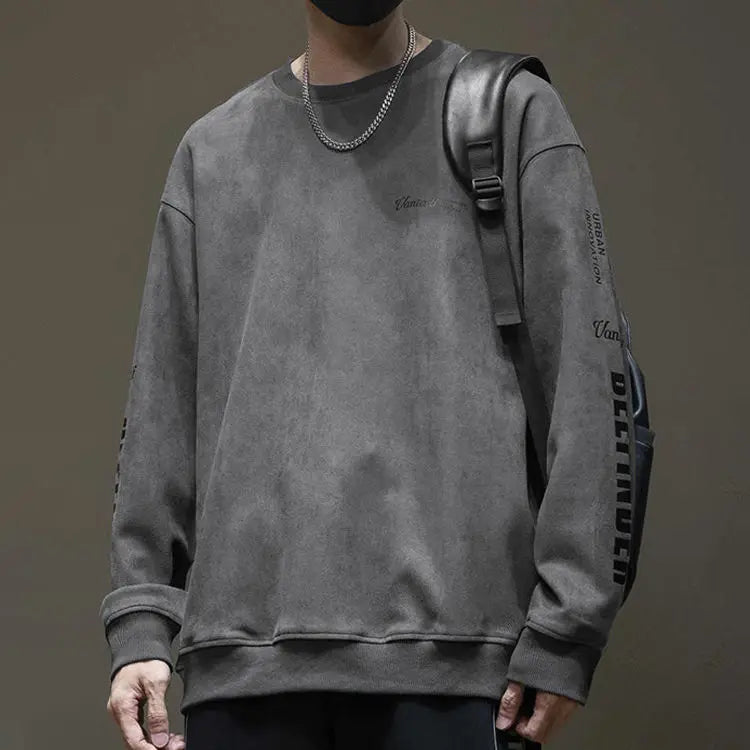 American High Street Trend Thickened Long Sleeved Hoodie Men's Autumn Winter New Round Neck Printed Loose Patchwork Fleece Top