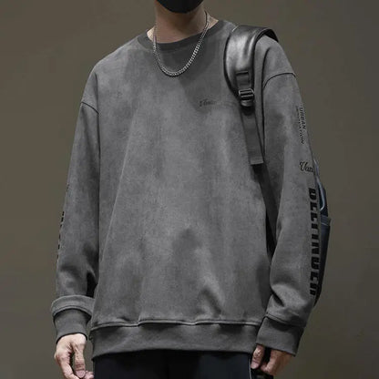 American High Street Trend Thickened Long Sleeved Hoodie Men's Autumn Winter New Round Neck Printed Loose Patchwork Fleece Top