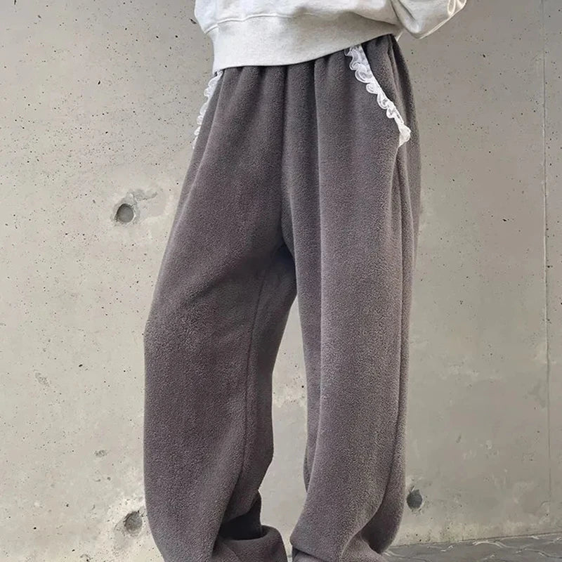 Winter Thick Women Pants Vintage Lace Patchwork Warm Casual Wide Leg Trouser Female Harajuku All Match Straight Sweatpants New