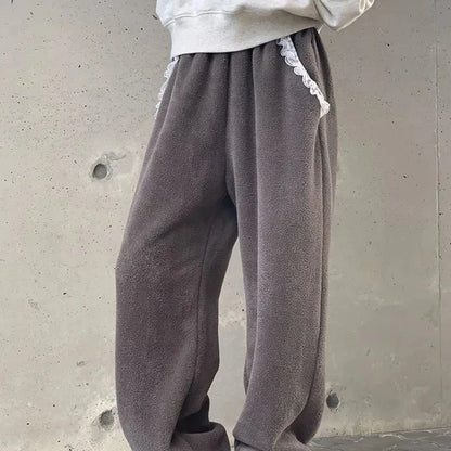 Winter Thick Women Pants Vintage Lace Patchwork Warm Casual Wide Leg Trouser Female Harajuku All Match Straight Sweatpants New