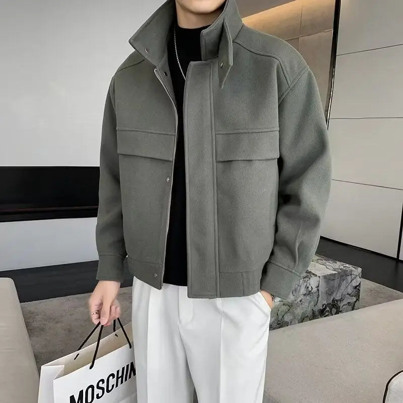 Handsome Wool Jacket Men's High-end Fashion Brand Stand Collar Trendy Autumn and Winter Short Korean Lapel Wool Top