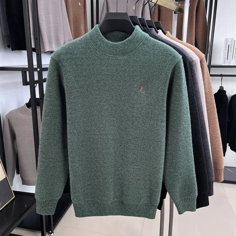 High end brand velvet warm sweater men's round neck top winter Korean luxury cartoon embroidery comfortable knitted pullover